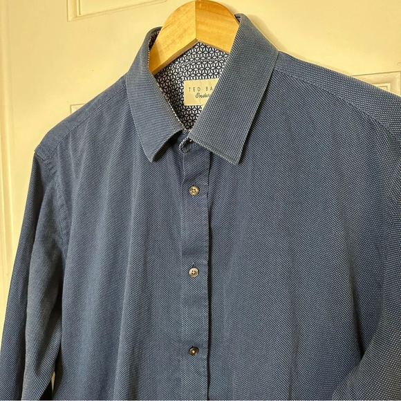 TED BAKER Blue Endurance Button Down Shirt 17 (US 2XL) Geometric Pattern Lining - Picture 3 of 8